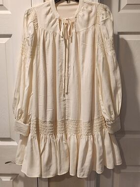 Smocked Tie-Neck Mini Dress in Cream